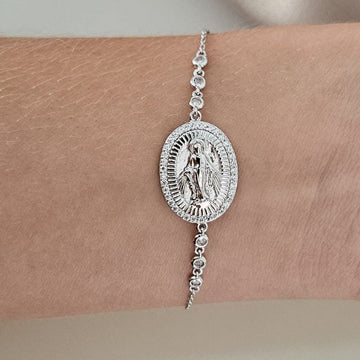 Pulseira Prata N Sra Graças Cravejada Cristal 17cm 1mm