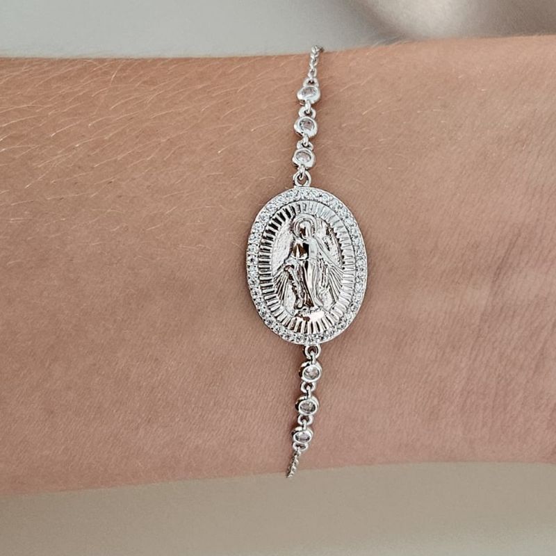 Pulseira Prata N Sra Graças Cravejada Cristal 17cm 1mm