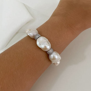 Pulseira Prata 3 Perola Grande Cravejada