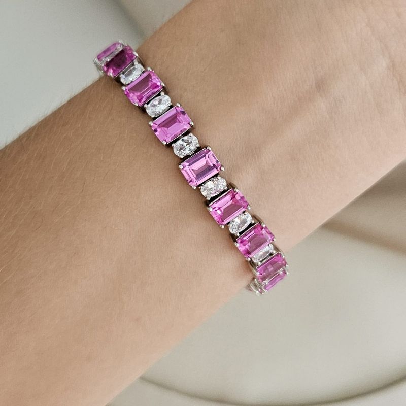 Pulseira Prata Pedras Rosa Cristal