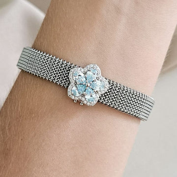 Pingente Prata Pulseira Flor Azul