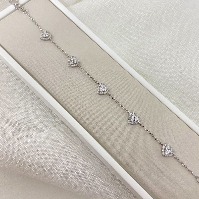 Pulseira Prata Corações 2mm 17cm Cravejada