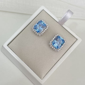 Brinco Prata Pedra Azul Cravejada
