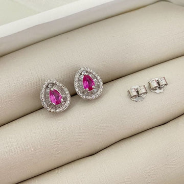 Brinco Prata Gota Rosa Cravejado 4mm