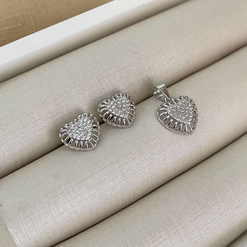 Conjunto Prata Coração Cravejado