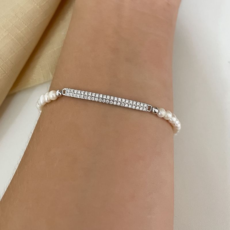 Pulseira Prata Perola Placa Cravejada