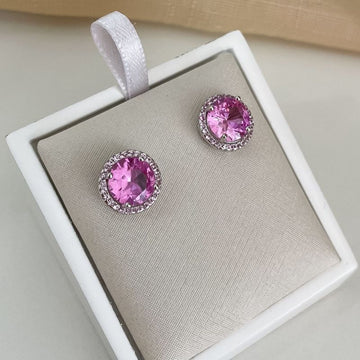 Brinco Prata Pedra Rosa Cravejada