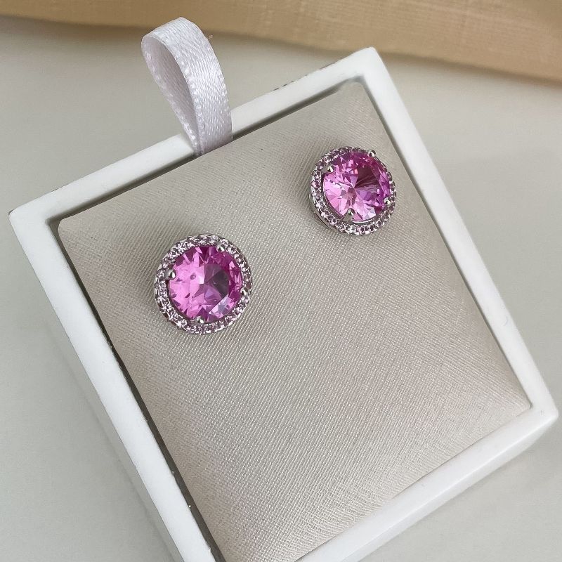 Brinco Prata Pedra Rosa Cravejada