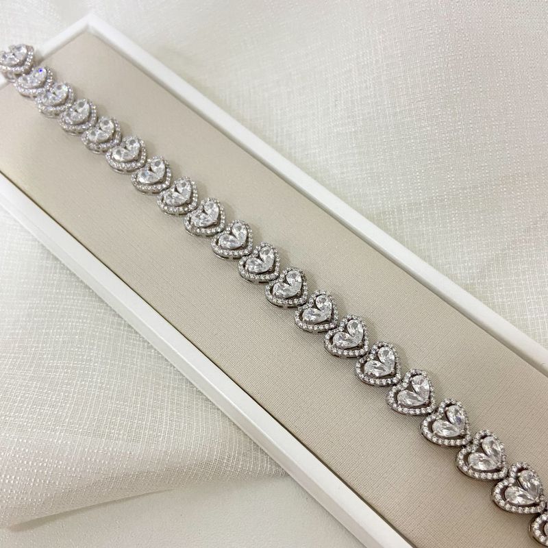 Pulseira Prata Riviera Coração Cristal 6mm 17cm Cravejada