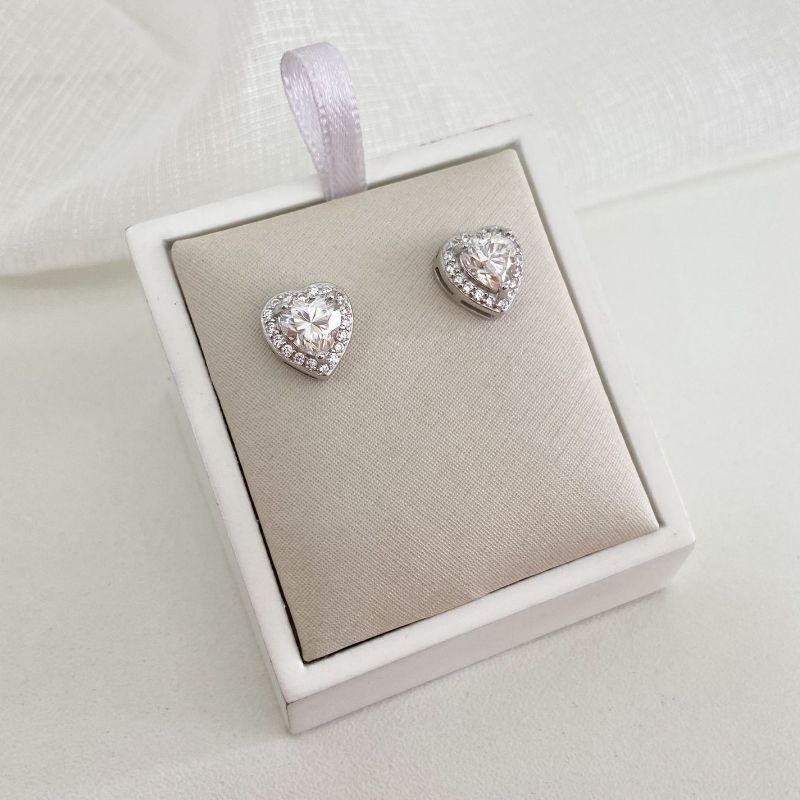 Brinco Prata Coração Cristal Cravejado Moissanite