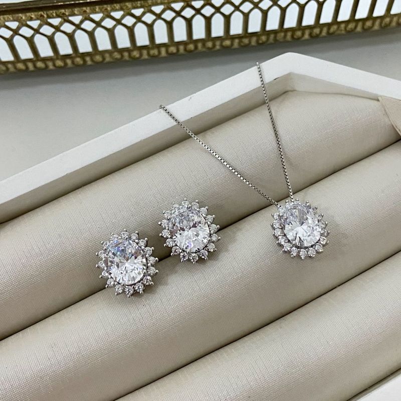 Conjunto Prata Pedra Cristal Cravejado 45cm