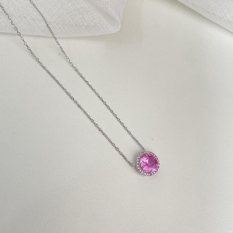 Gargantilha Prata Pedra Rosa Cravejada