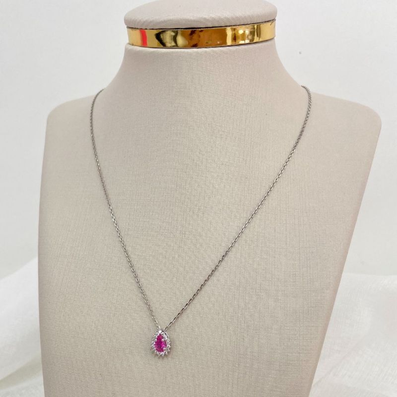 Gargantilha Prata Pedra Rosa 45cm 4mm