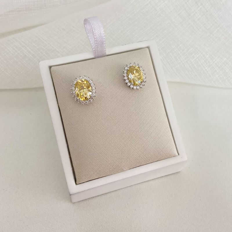 Brinco Prata Pedra Amarela 6.8 Mm Moissanite