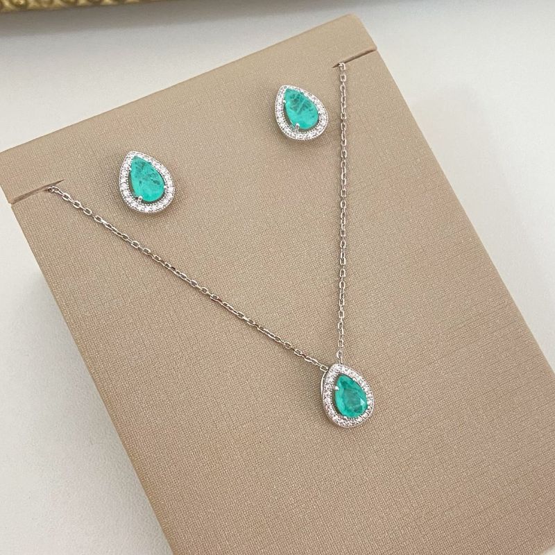 Conjunto Prata Gota Cravejada 45 Cm 5 Mm
