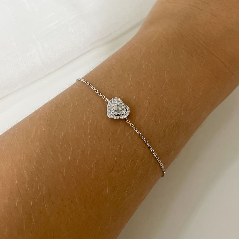 Pulseira Prata Coração 1mm 17cm Cravejada