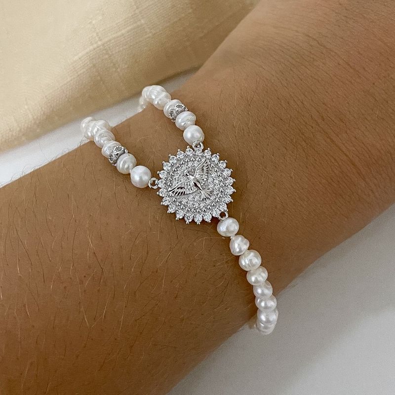 Pulseira Prata Perola/Divino Cravejado