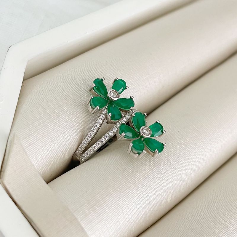 Anel Prata Flores Verde
