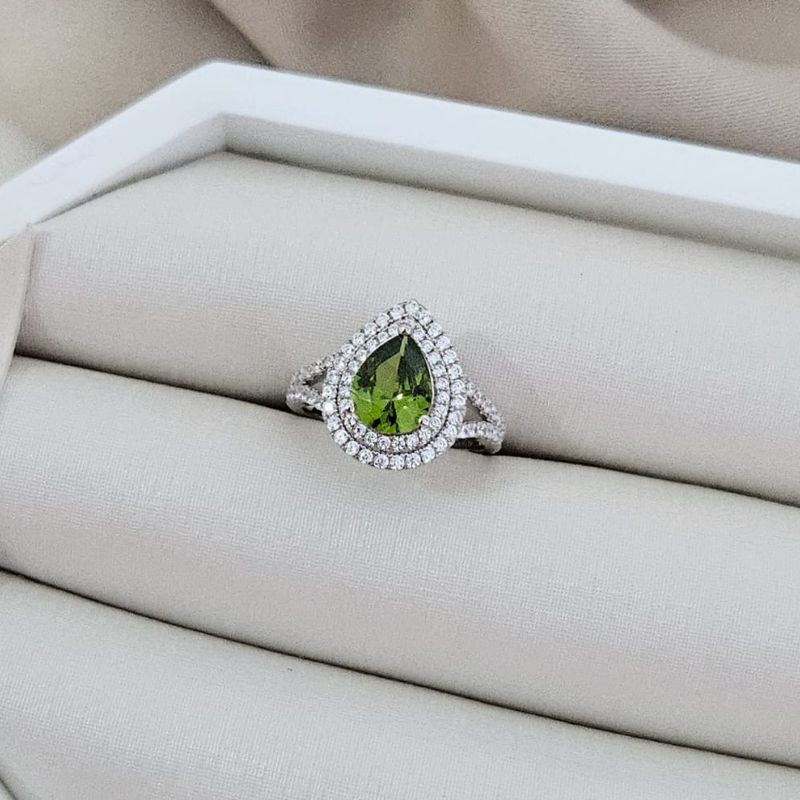 Anel Prata Gota Verde Cravejado Crsital