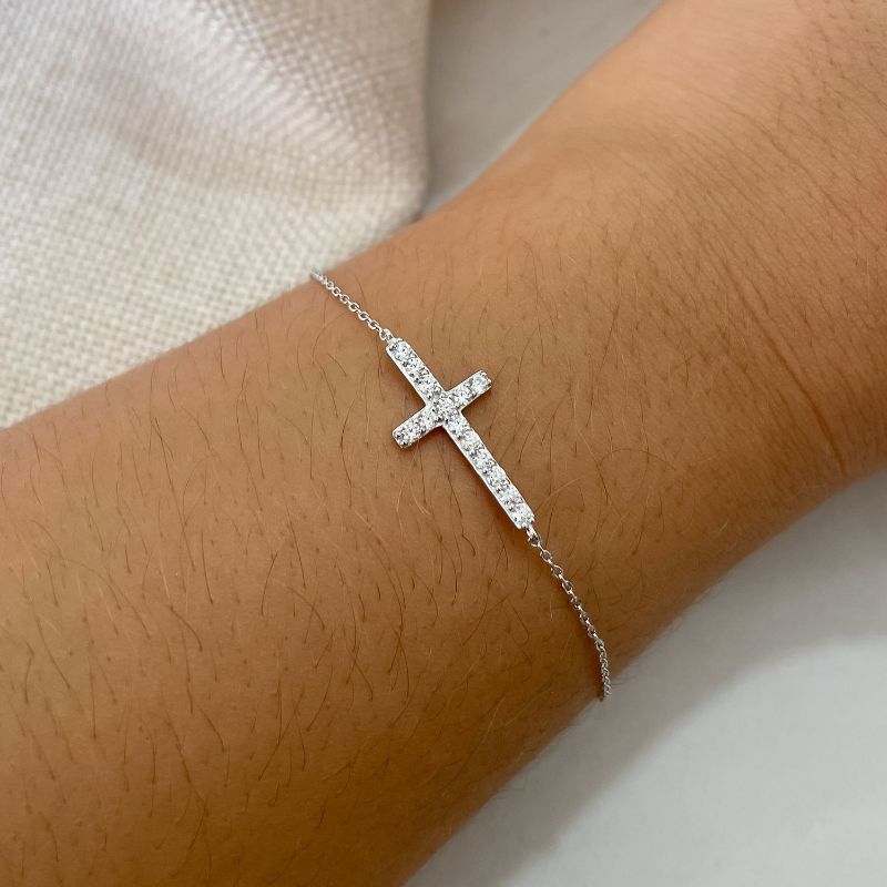 Pulseira Prata Cruz Cravejada 1mm 17cm