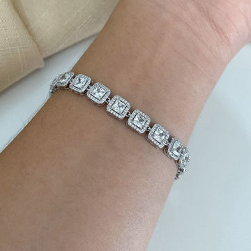 Pulseira Prata Quadrada Cristal Cravejada 17cm