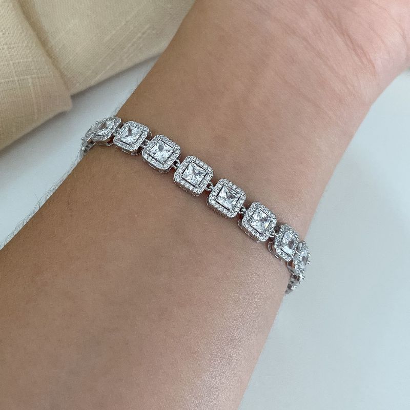 Pulseira Prata Quadrada Cristal Cravejada 17cm