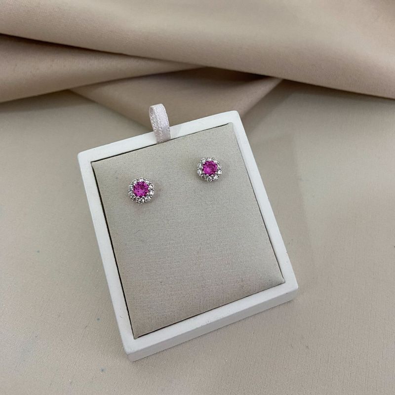 Brinco Prata Pedra Rosa Cravejada
