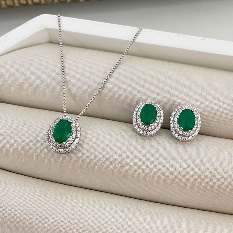 Conjunto Prata P Redonda Verde Cravejado