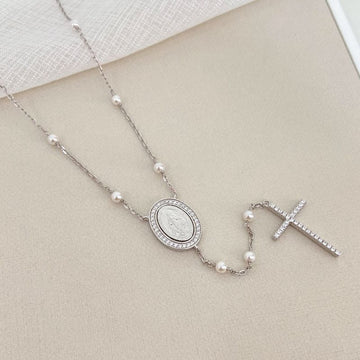 Gargantilha Prata Terço N. Senhora 1mm 45cm Cravejada