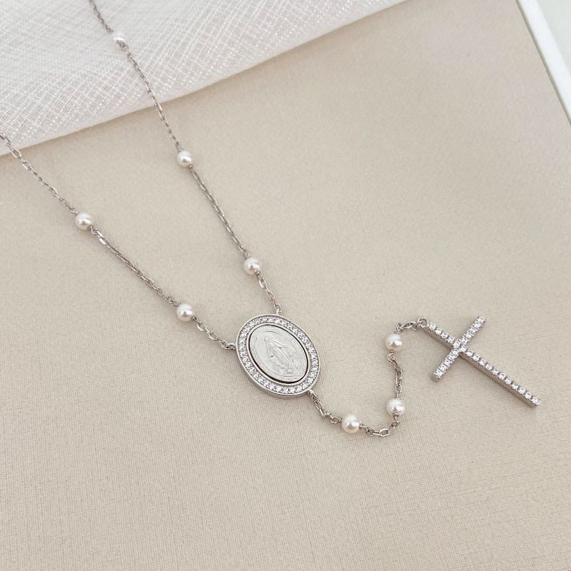 Gargantilha Prata Terço N. Senhora 1mm 45cm Cravejada