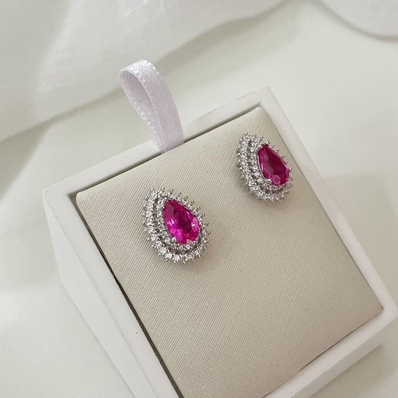 Brinco Prata Gota Rosa 5mm 2f Cravejado