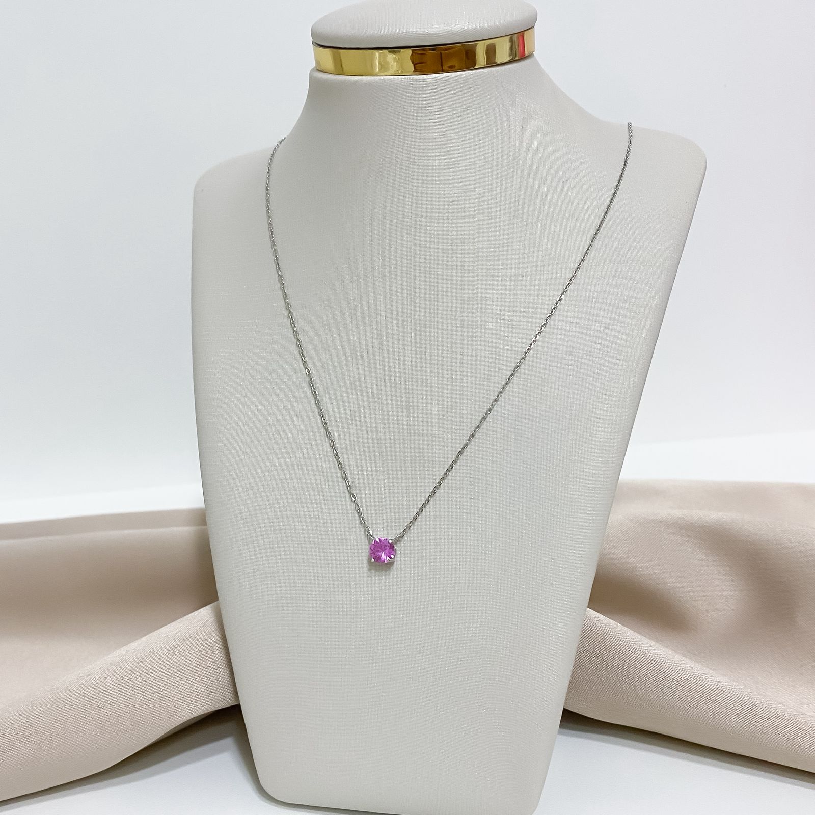 Gargantilha Prata Ponto Luz Rosa 38cm 6mm