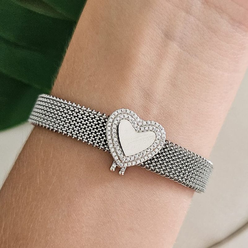 Pingente Prata Pulseira Coração Prata Cravejado