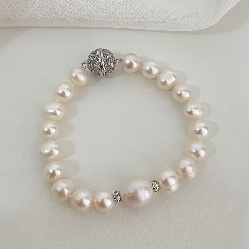 Pulseira Prata 1 Perola Grande Cravejada