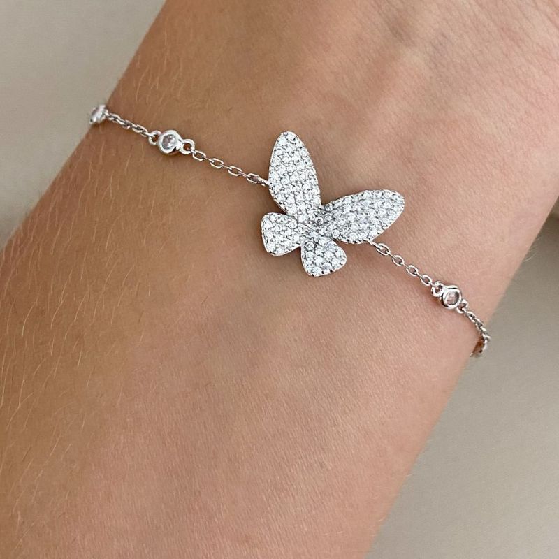 Pulseira Prata Borboleta Cravejada 17cm
