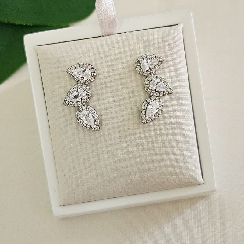 Brinco Prata 3 Pedras Cristal Cravejado