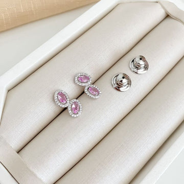 Brinco Prata 2 Pedras Rosa Cravejada