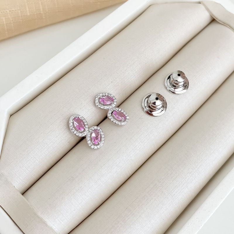 Brinco Prata 2 Pedras Rosa Cravejada