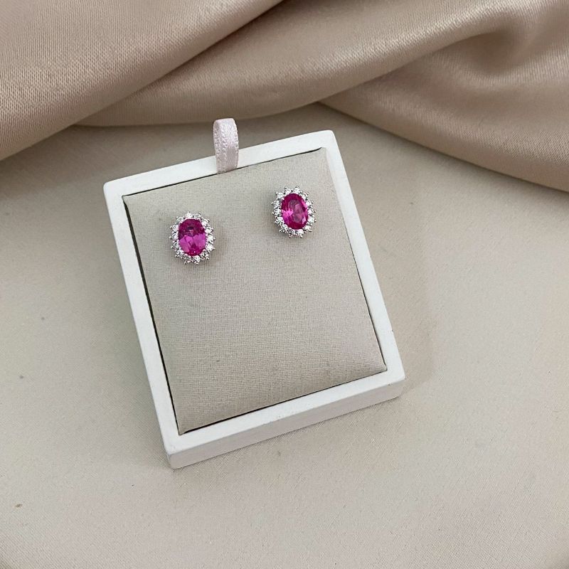 Brinco Prata Pedra Rosa Cravejada