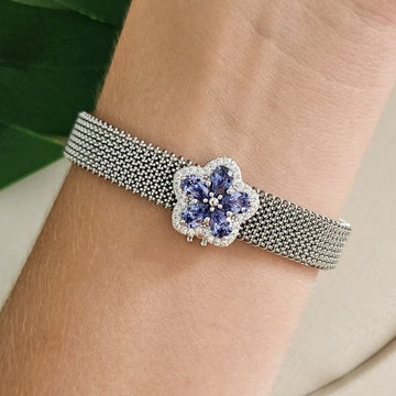 Pingente Prata Pulseira Flor Cravejado Roxa
