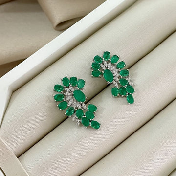 Brinco Prata Earcuff Verde Folhas Cristal