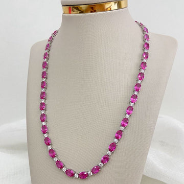 Gargantilha Prata Pedras Rosa Cristal 42cm 5mm