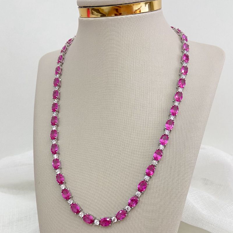 Gargantilha Prata Pedras Rosa Cristal 42cm 5mm