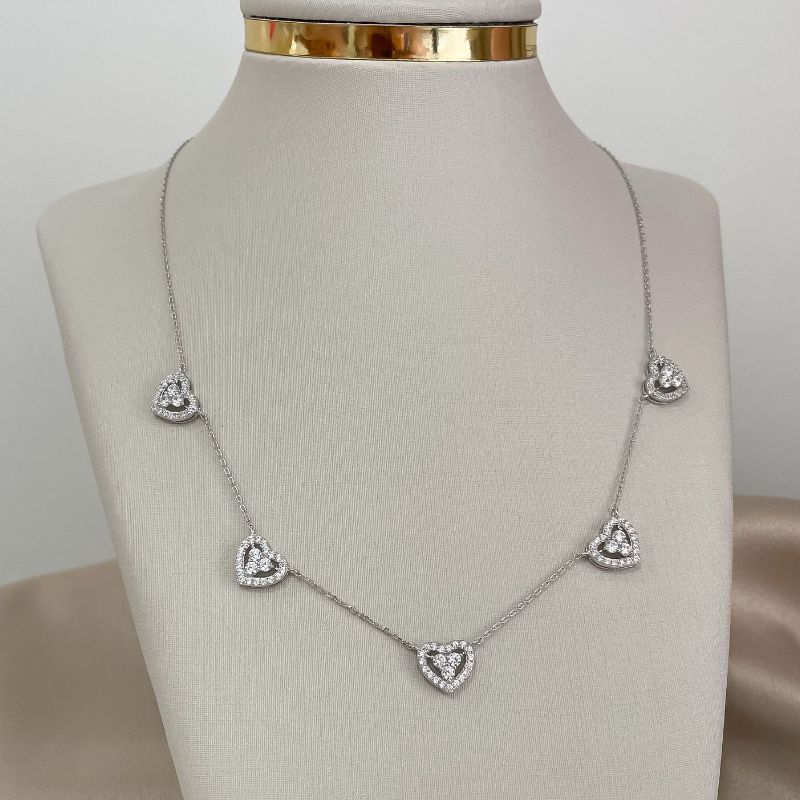 Gargantilha Prata 5 Coração Cristal 2mm 45cm