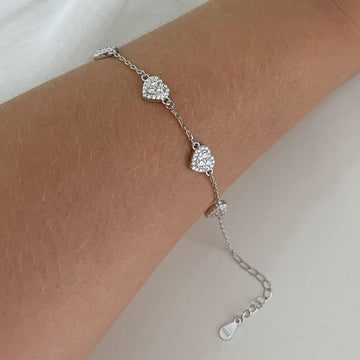 Pulseira Prata Corações Cravejado