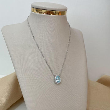 Gargantilha Prata Gota Azul Claro Cravejado