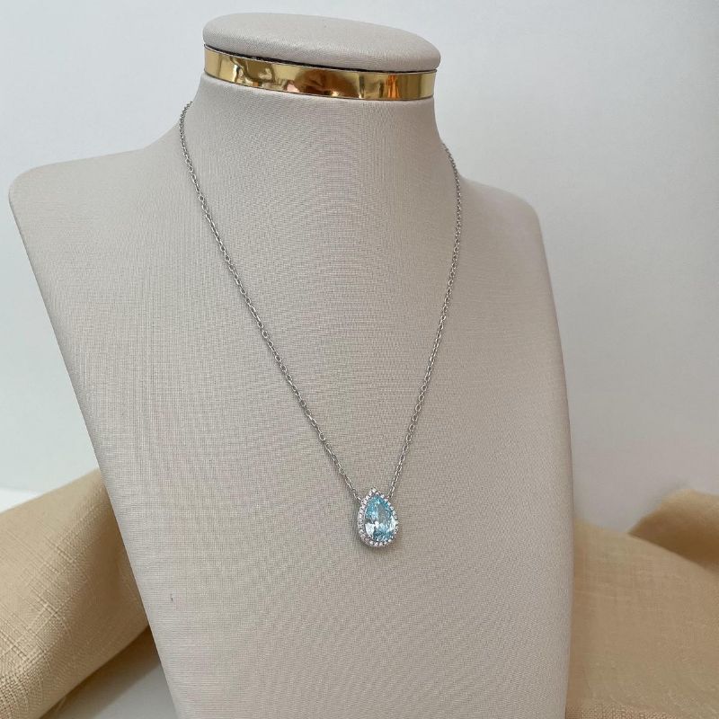 Gargantilha Prata Gota Azul Claro Cravejado