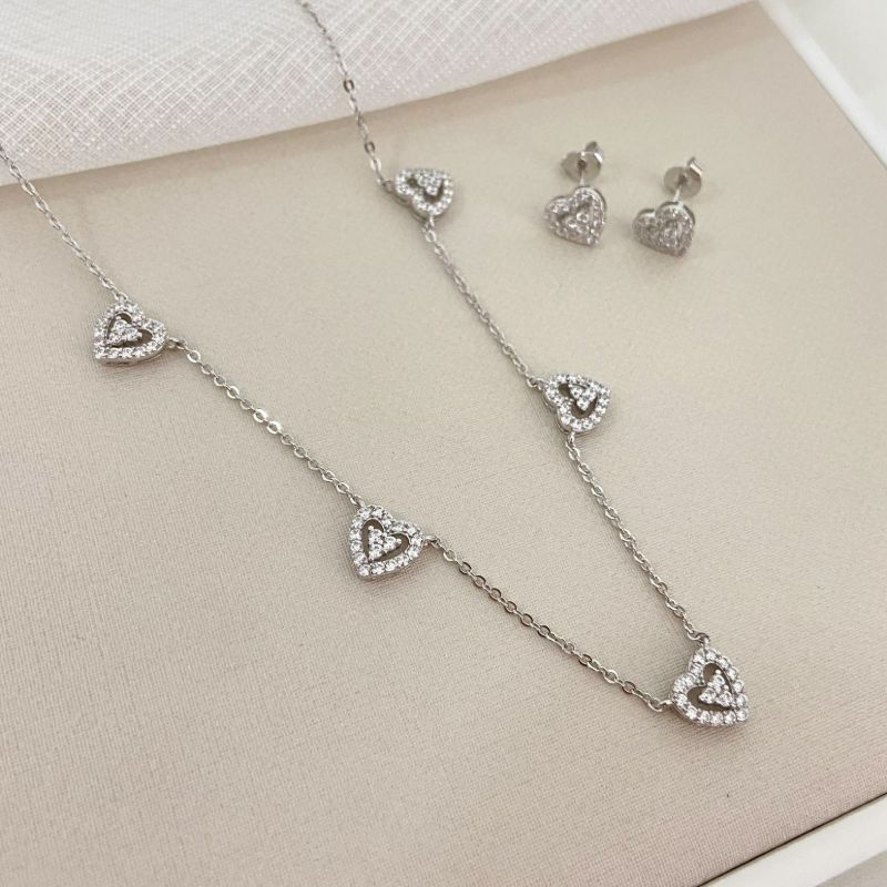 Conjunto Prata Corações Cravejado