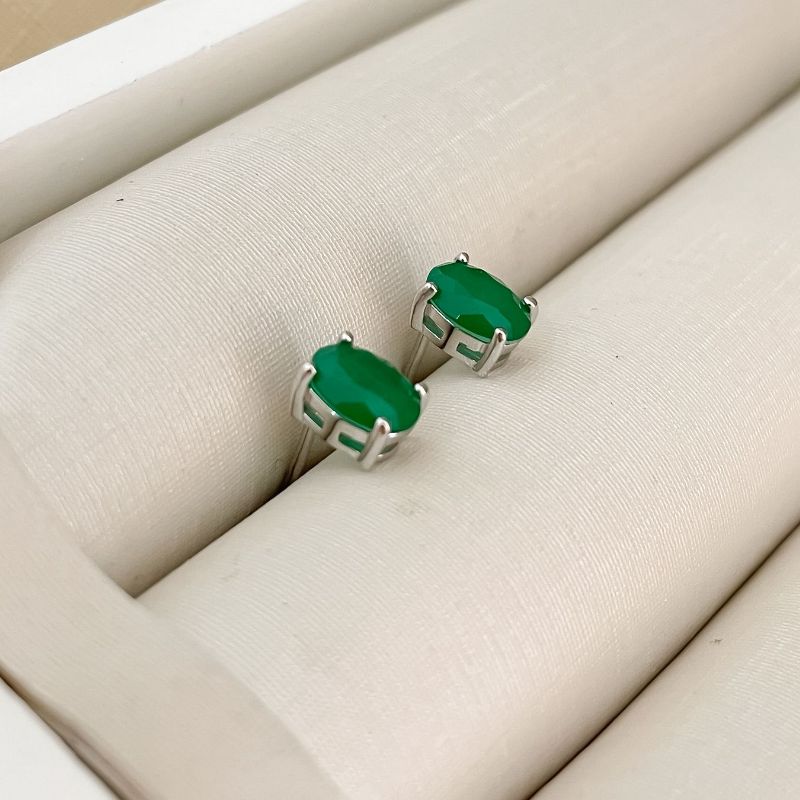 Brinco Prata Pedra Oval Verde Escuro