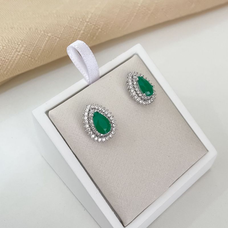 Brinco Prata Gota Verde 2f 5mm Cravejado
